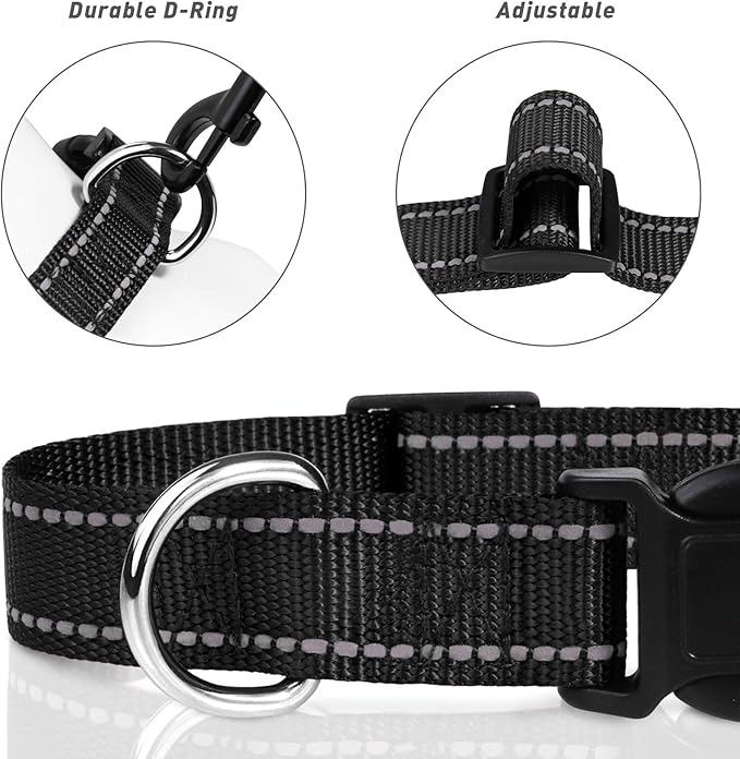 TagME Reflective Nylon Dog Collars, Adjustable Classic Pet Collar with Quick Release Buckle for Puppy, Black 3/8" Width