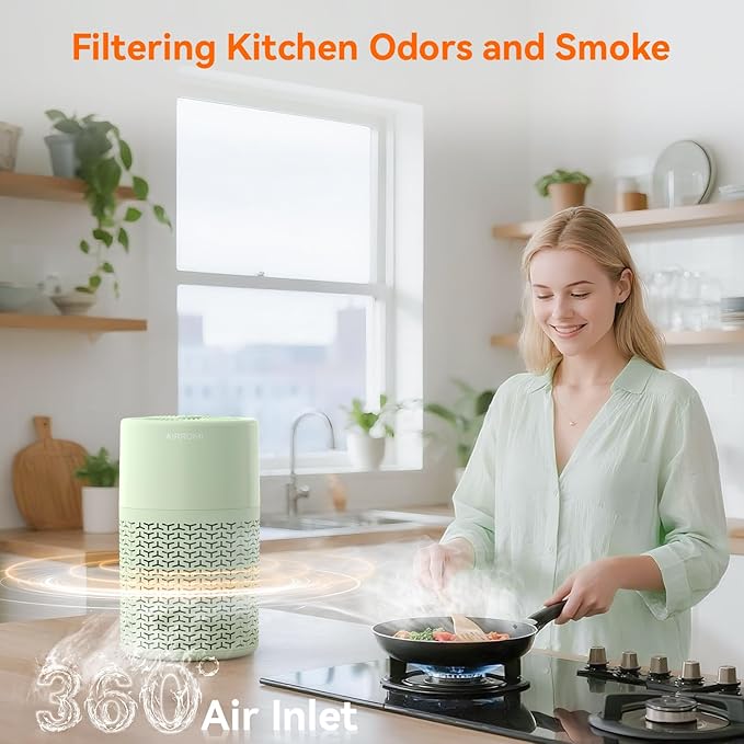 AIRROMI Pets Air Purifier for Home Allergies,Up to 660 ft². HEPA Deodorizing Activated Carbon Filter,With Fragrance Sponge for Better Sleep,Night Light,Pet Dander,Smoke,Odors,Air Cleaner A2002 Green