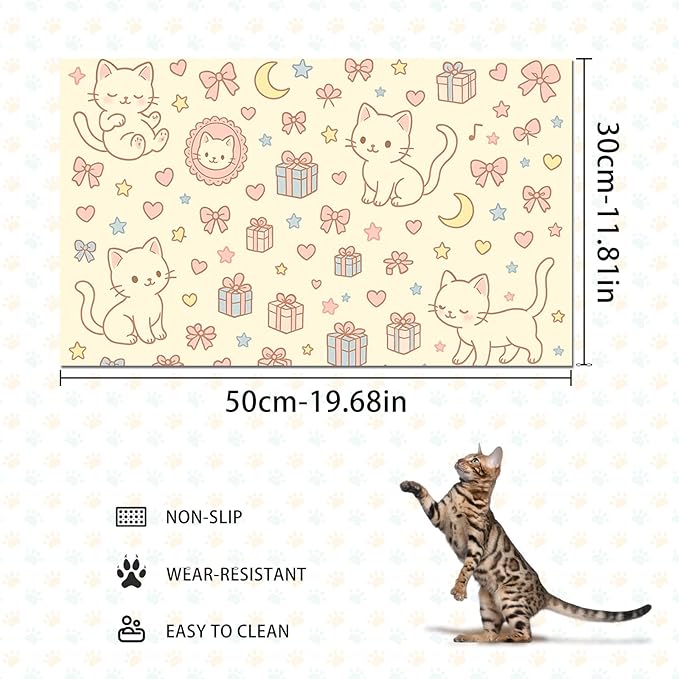 Cute Cat Pet Feeding Mat Adorable Kitten Food Placemat with Gift Bow and Star Print for Dogs and Cats Sweet Non Slip Mat for Dog Cat Food and Water Bowls Home Kitchen Decoration 20" x 12"