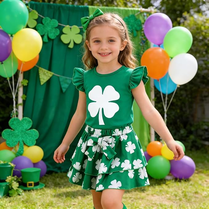 Girls Skirt Set 2 Piece Outfit Toddler Summer Clothes Ruffle Sleeve T-Shirt Bow Knot Tutu Skirt Outfit Set