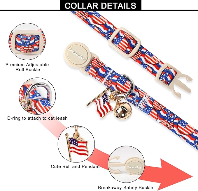 Lionet Paws 2pcs Pack 4th of July Cat Collar,Summer Cat Collars with Popsicle and USA Pattern,Cute Adjustable Cat Collar for Girl Boy Cats