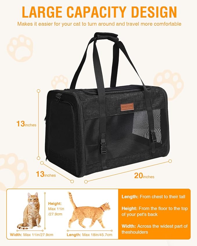 PETUX Large Pet Carrier for Large Cats ＆ Small Dogs - Up to 20Lb, Top and Side Entry, 4 Side Breathable, Foldable Soft Cat Travel Carrier with Safety Car Seat Buckle and Anti-Scratch Mesh - Black