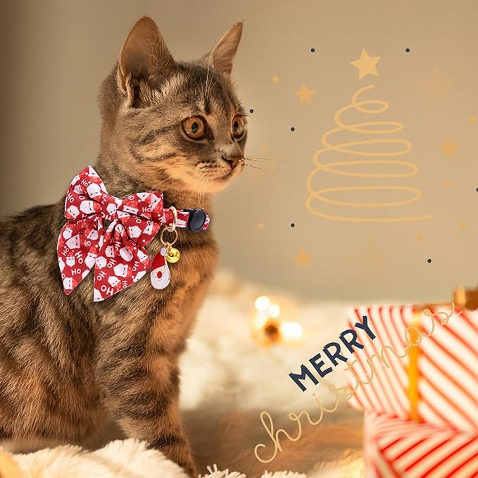 Faygarsle 2 Pack Christmas Cat Collar Cute Holiday Cat Collar with Bow tie Breakaway Red Green Winter Collar for Boy and Girl Cats Female Male Cat Christmas Collar