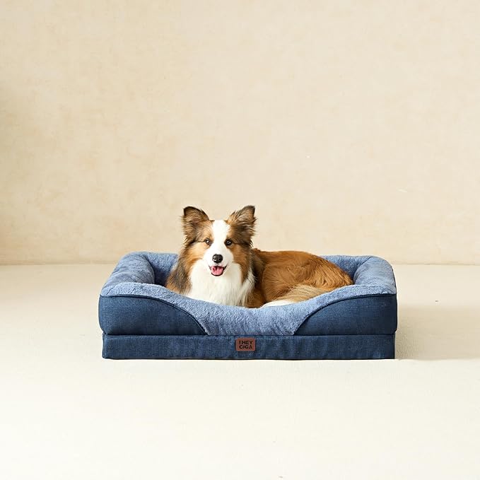 EHEYCIGA Orthopedic Dog Bed for Large Sized Dog, 36x27x7 Inch Large Memory Foam Dog Couch Bed with Sides, Waterproof Liner & Washable Removable Cover, Bolster Pet Sofa, Navy