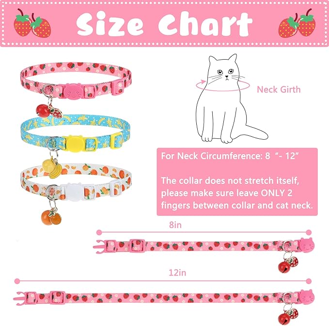 Breakaway Cat Collars with Bell & Cute Pendants, 3 Pack Safety Buckle Kitten Collars, Adjustable Pet Collar Ideal for Girl Boy Cats Puppy (Fruit Pattern)