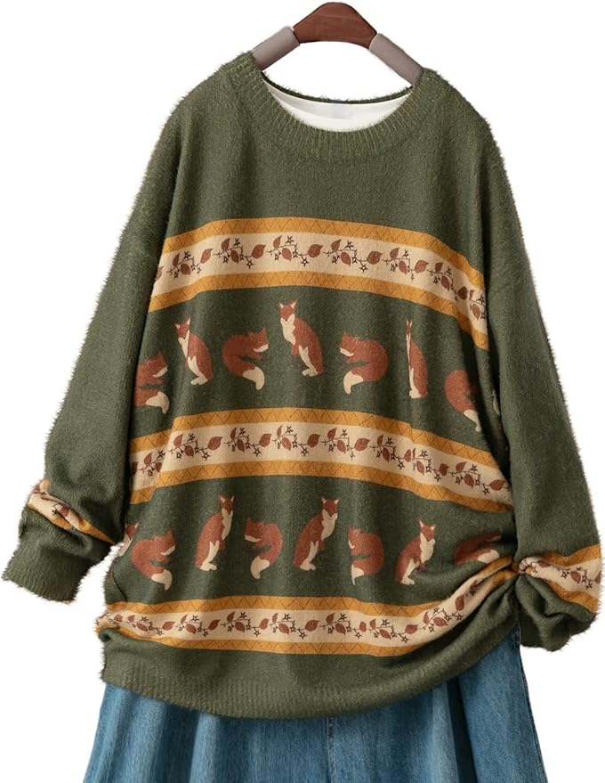 YESNO Women Christmas Sweater Graphic Printed Oversized Pullover Sweaters Casual Loose Knit Tops S01