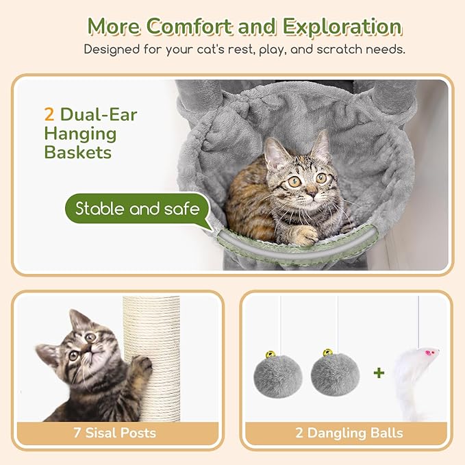 Globlazer Heavy Duty Cat Tree, 74in Sturdy Cat Tower for Large Cats Adult, Big Cat Tree with 7 Sisal Scratching Posts, 2 Padded Condos, 2 Dual-Ear Hanging Baskets, Enlarged Top Perch, S74, Light Grey