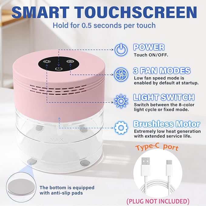 Water Air Purifiers for Home, Air Washer Purifier & Essential Oil Diffuser for Bedroom, Office, Living Room, Water Based Air Purifier with 24H Auto Shut-off, 3-Speed Modes, Touchscreen for Pets, Pink