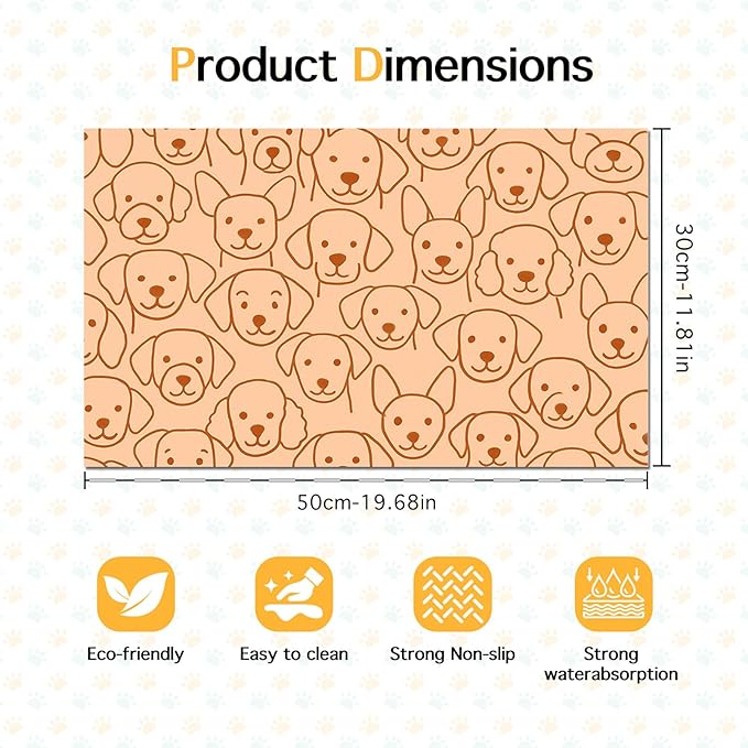 Adorable Cute Dog Faces Pattern Pets Food Mat Spill-Proof Pets Feeding Mats Cats Food and Water Bowl Pet Easy Clean Fast Dry Pet Mats for Foods and Water Mat for Cat Dogs 20" x 12"