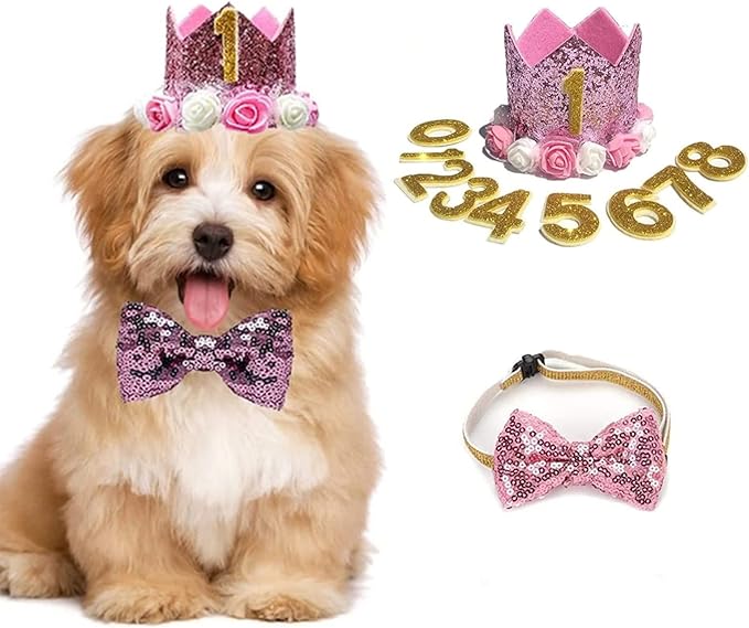 Pet Birthday Hat, Dog Birthday Crown Hat and Bowtie with 0-9 Figures Charms Party Accessories for Small Medium Dogs Cats (PINK)