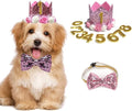 Pet Birthday Hat, Dog Birthday Crown Hat and Bowtie with 0-9 Figures Charms Party Accessories for Small Medium Dogs Cats (PINK)