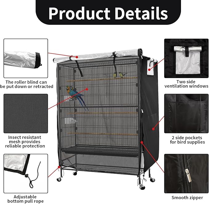 Bird Cage Covers for Night,38”L×23”W×51”H,420D Fabric Washable Waterproof Large Dust Pet Birdcage Breathable Warm Protection Cover,Distraction and Light Eliminator for Winter,Cats,Mink(with Mesh)