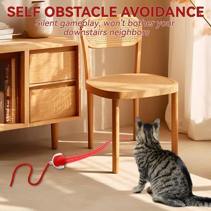 Interactive Electric Automatic Rolling Moving Rechargeable Self Play Stimulation Toy,Smart Pet Chase Ball with Speedy Tail Rope for Bored Indoor Cats Enrichment,stimulating Dogs Toy (Red)