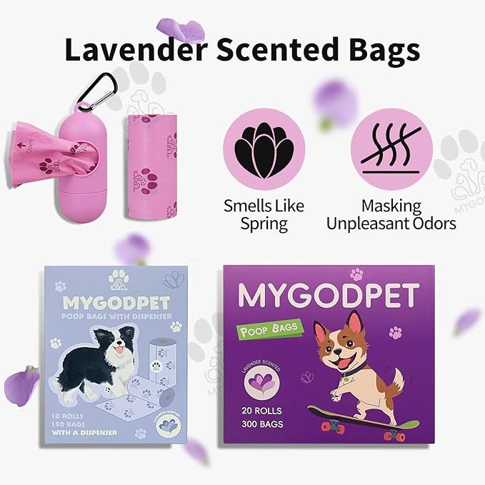 Dog Poop Bags Rolls with Dispenser 150 Count Biodegradable Bags for Dog and Cat Lavender Scented Waste Bag Leak Proof Doggie Poop Bag Doggy Trash Bag Purple