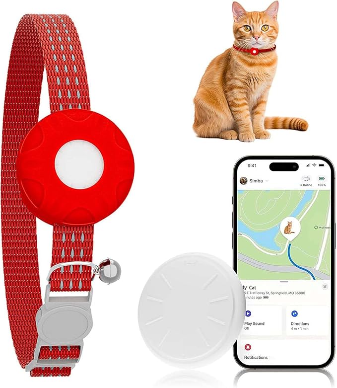 GPS Tracker for Cats, Compatible with Apple Find My App (Only iOS), No Monthly Fee Cat Tracker, Waterproof (White Tracker, Red Cat Collar)