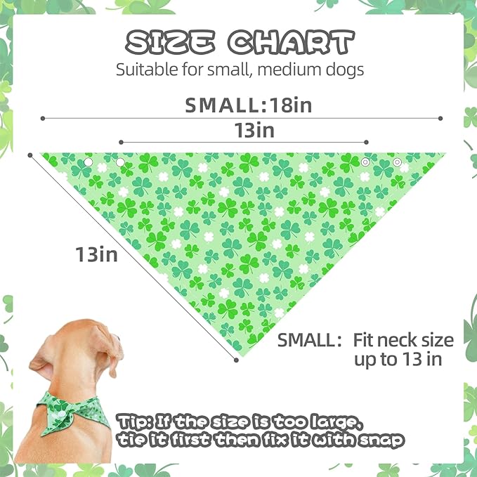 PAWCHIE St. Patrick's Day Dog Bandanas 4 Pack,Reversible Dog Party Triangle Scarf Bibs,Pet Holiday Costume with Adjustable Snaps,Multiple Patterns for Small Dogs Puppy,Cats Pets,Green S