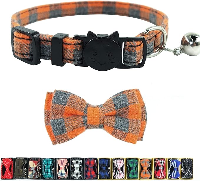Cat Collars Breakaway with Bell and Bow Tie, Plaid Design Adjustable Safety Kitty Kitten Collar(6.8-10.8in) (Orange Plaid)