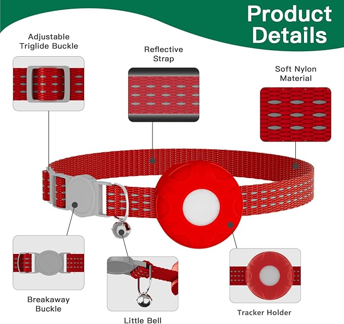 Cat Tracker,Pet Tracker for Cats Compatible with Apple Find My App(Only iOS),Waterproof Tracker Cat Collar with Safety Elastic Buckle,No Monthly Fee,Works with Any Collar (Red)