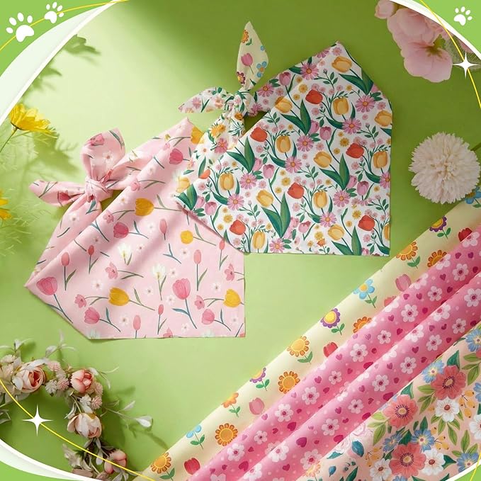 Weewooday 50 Pcs Spring Dog Bandanas Bulk with Daisy, Flower, Floral Soft Bibs Adjustable Triangle Pet Scarf Bowtie for Small Medium Large Costume Grooming(19.7 x 13.8 x 13.8 Inch)