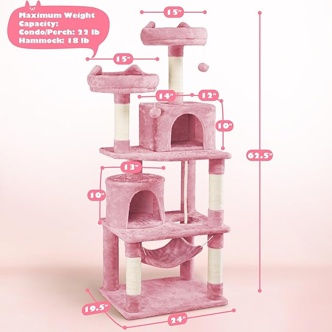 Yaheetech 62.5inches Cat Tree Cat Tower Cat Condo with Platform & Hammock, Scratching Posts for Kittens Pet Play House with Plush Perch for Indoor Activity Relaxing, Pink