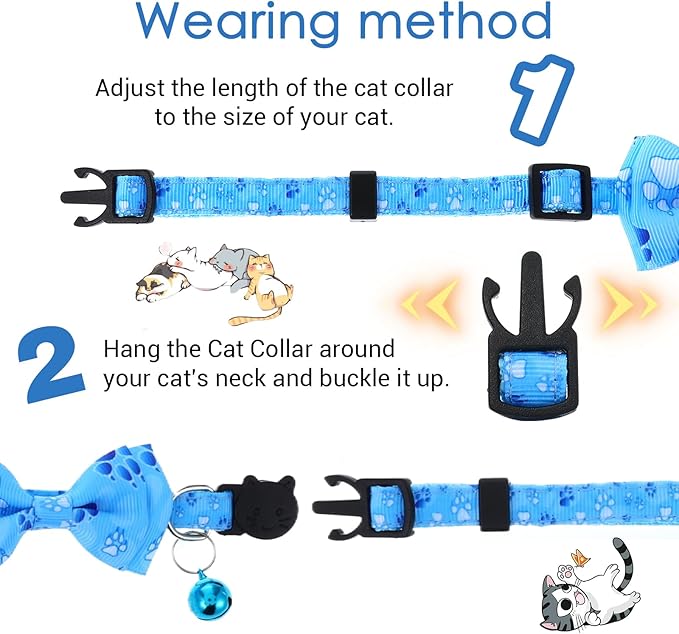 2 Pack Kitten Collar with Bell Breakaway Cat Collars with Removable Bow Tie Safety Buckle Kitten Collars 7.8-12 Inch Adjustable Pet Collar for Boy Cats (Blue)