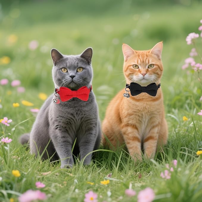 Cat Collar Breakaway with Bells, Soft Cotton Red Cat Bowtie Collar for Girl Cats, Small Cats Collar with Bow for Spring Summer, 2 Pack Cute Kitten Collars with Removable Bowtie 8-12Inch