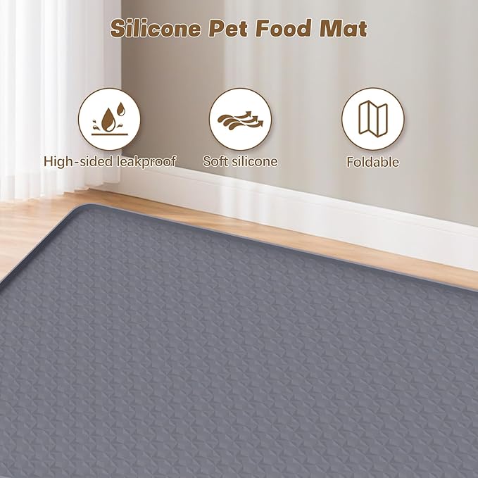 Cat Food Mat, 51" x 25.6" Extra Large Silicone Pet Feeding Mat with Raised Edge Pet Placemat for Food and Water Bowl Non-Slip, Easy to Clean, Floor Protection (Dark Grey)