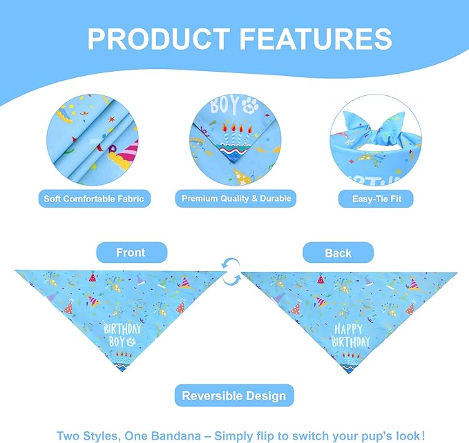 Dog Birthday Bandana Boy for Medium Large Dogs, Reversible 2 Patterns in 1, Blue Confetti Scarf, Happy Birthday Party Outfit Puppy Gift (14-18" Neck)