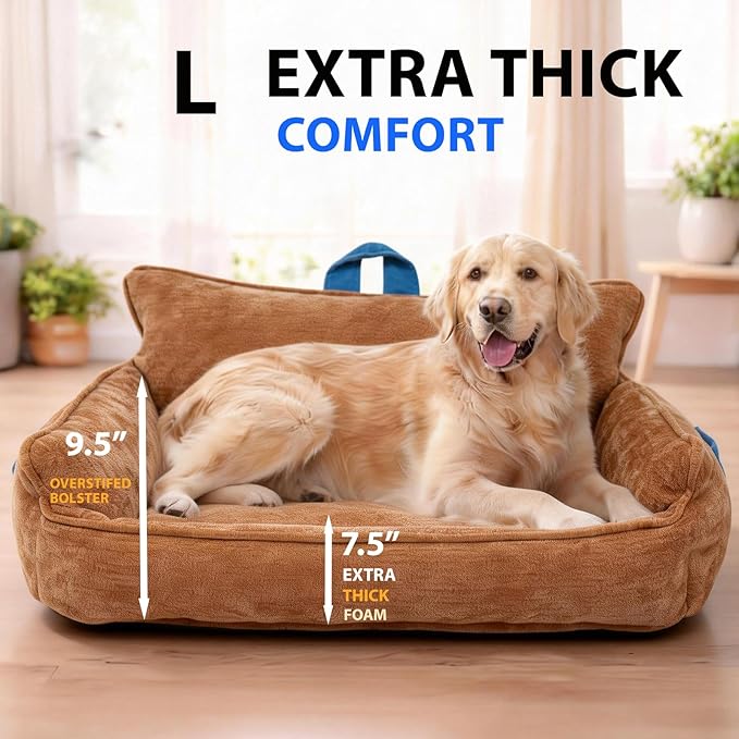 Orthopedic Dog Bed with Memory Foam, Washable Plush Pet Bed for Small, Medium & Large Dogs, Cozy Bolster Crate Dog Bed for Joint Support & Comfort.(Orange)