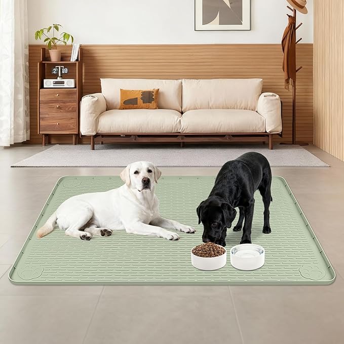 Lanstics Dog Food Mat, 40" x 28" Large Silicone Mat Dog Feeding Mat with Raised Edge Non-Slip Pet Feeding Mat for Food and Water Bowl, Easy to Clean, Floor Protection (Green)