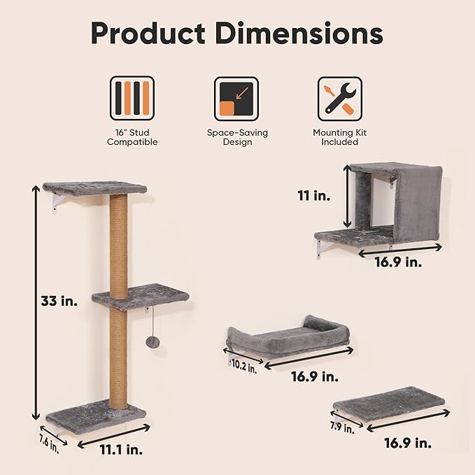 FUKUMARU Cat Wall Shelves, Stable & Safe 4 in 1 Cat Wall Mounted Furniture Set, Wooden Climbing Tree with Scratching Post for 16 Inch Drywall - Gray
