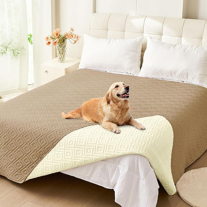 hyha Waterproof Dog Blanket, Soft Pet Bed Blankets, Waterproof Sofa Couch Cover for Dogs Washable, Reversible Pet Couch Covers for Sofa Furniture (82x82 Inch, Camel/Beige)