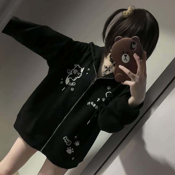 Womens Y2K Zip Up Cute Graphic Hoodies Cat Ears Casual Cartoon Harajuku Kawaii Clothes Oversize Streetwear Jacket