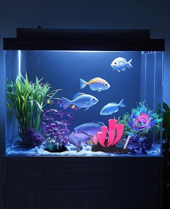 4 Pieces Aquarium Fish Tank Decorations with Glowing Effect, Silicone Glow Artificial Ornament Coral Reef Plants for Aquarium Decoration Small and Large Fish Bowl Decor Accessories