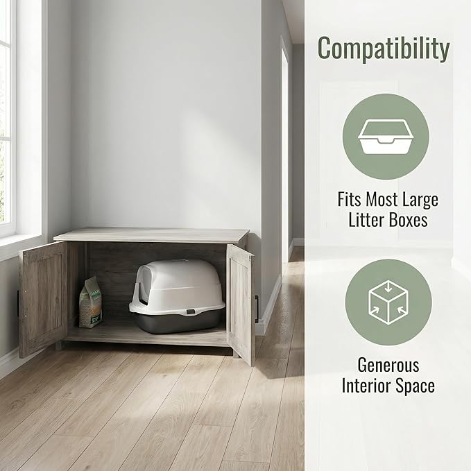 Homhedy 39.4" L Cat Litter Box Enclosure, Pet House with Barn Door, Wooden Cat Washroom Furniture, Fit Most of Litter Box, Greige
