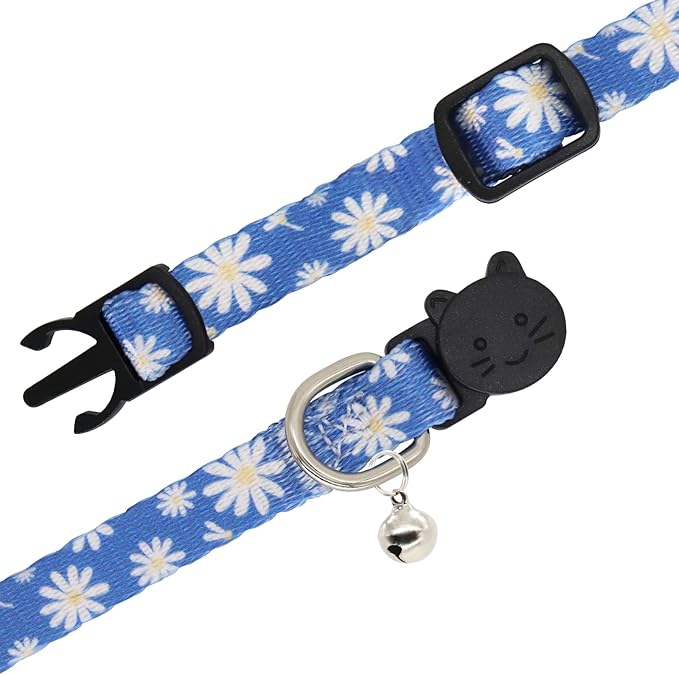 Cat Collar, 2 Pack Breakaway Collar with Bells, Safety Buckle Kitten Collars for Boy and Girl Cats, Blue + Pink Flower