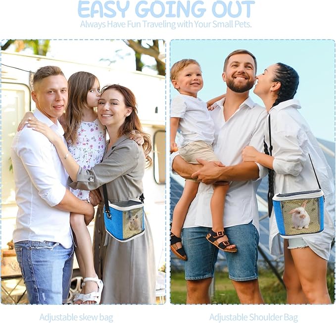 Small Animal Carrier Backpack with Water Bottle, Travel Portable Guinea Pig Hamster Bunny Carrier Sling Pouch, Clear Window Breathable Pet Carrier for Hedgehog Sugar Glider Chinchilla Rat (Gray-Blue)