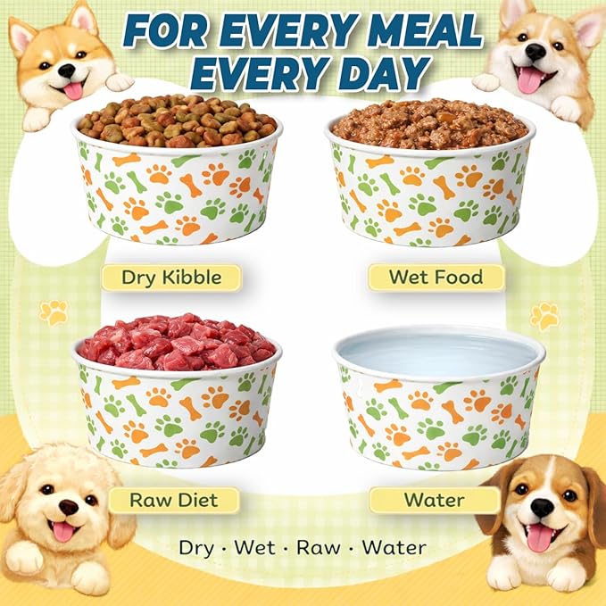 60 Pcs 42 oz/ 5.2 Cups Disposable Pet Bowls with Waterproof PE Coating, Heavy Duty Leakproof Bulk Dog Bowls with Printed Pattern for Multi-Dog Homes, Puppies, Travel, Camping & Pet Party
