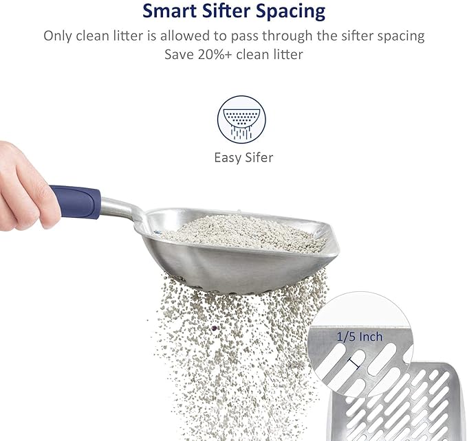 WePet Cat Litter Scoop, Aluminum Alloy Sifter, Kitty Metal Scooper, Deep Shovel with Diagonal Sifting Hole, Long Handle, Kitten Poop Lifter for Litter Box, Medium Size, Blue Handle