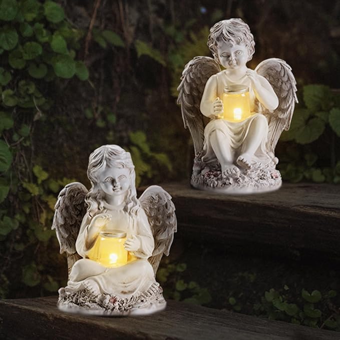 2 Pack Outdoor Angel Statue Garden Decor, Classic Solar Angel Figurine Decoration for Yard Art Indoor Porch Home Lawn Outside Light up Cherub Sculpture Guardian Wings Angel Memorial Gifts Christmas