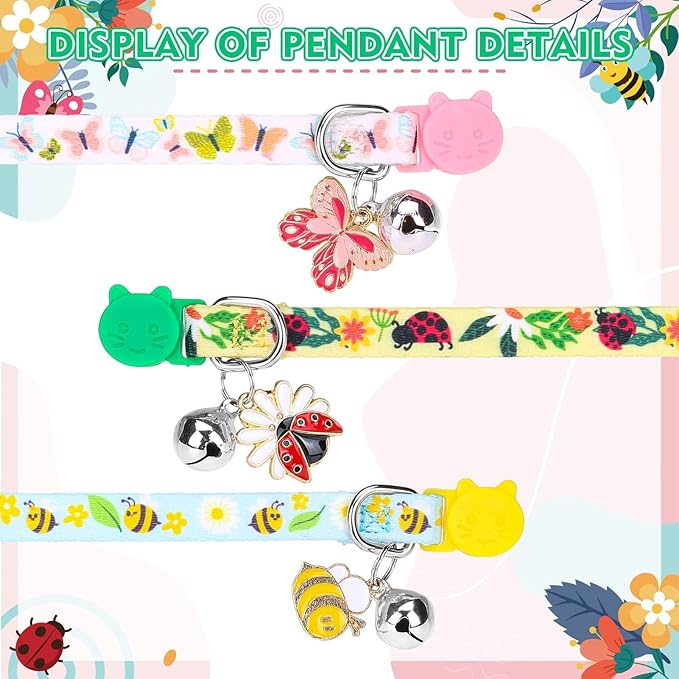PUPTECK Spring Breakaway Cat Collars with Bell - 3 Pack Pet Collar with Cute Pendants for Girl Boy Kitten Puppy and Small Pets