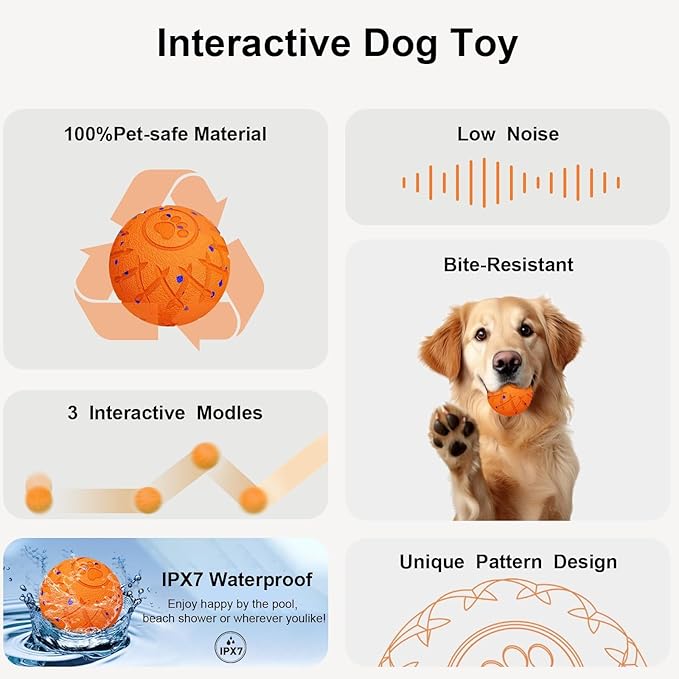 Interactive Dog Ball, Moving, Bouncing and Rotating, Silent Foam Material, IP54 Waterproof Rating, Smart Active Rolling, Stimulation Toys for Medium and to Keep Them Busy