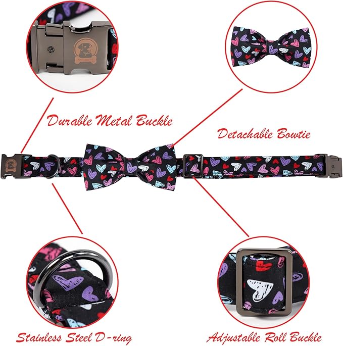 Valentines' Black Dog Collar with Bowtie, Cute Red Heart Pattern Durable Pet Collar with Metal Buckle, Adjustable Puppy Collar for Small Medium Large Dog