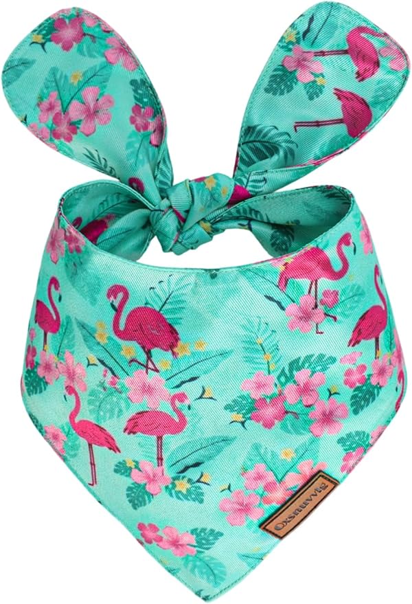 Luxury Double-Layer Dog Birthday Bandana – Handmade, Silk-Soft Polyester for All Dog Sizes | Birthday & Party Outfit | Gift-Ready Pet Accessory(Blue Flamingo, Large)