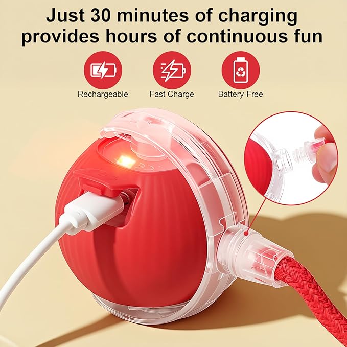 Interactive Electric Automatic Rolling Moving USB Rechargeable Self Activated Play Stimulation Toy Smart Chase Teaser Ball with Speedy Tail Rope for Bored Adult Indoor Cats and Dogs, Yellow