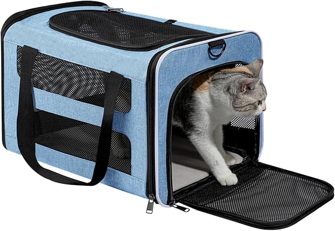 Cat Carrier Soft-Sided Travel Bag for Medium to Large Cats Over 15lbs, Small Dog Carrier Crate Top Entry Breathable Mesh Puppy 12 Pounds, Pet Rabbit Carrying Cage Kennel Collapsible Blue
