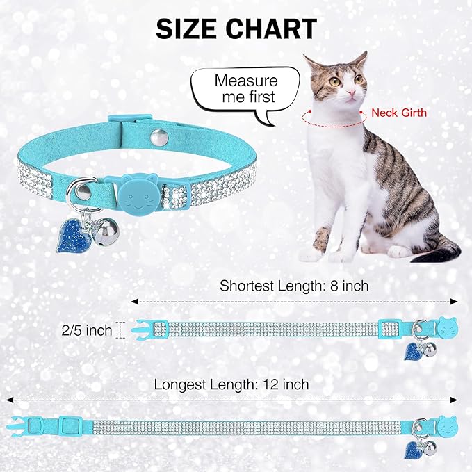 Rhinestone Cat Collar Breakaway with Bell, Diamond Cat Collar with Safety Buckle Quick Release for Girl Boy Small Kitten Pets Puppy,Cute Soft Female Male Cat Collars, Color Blue 8-12"