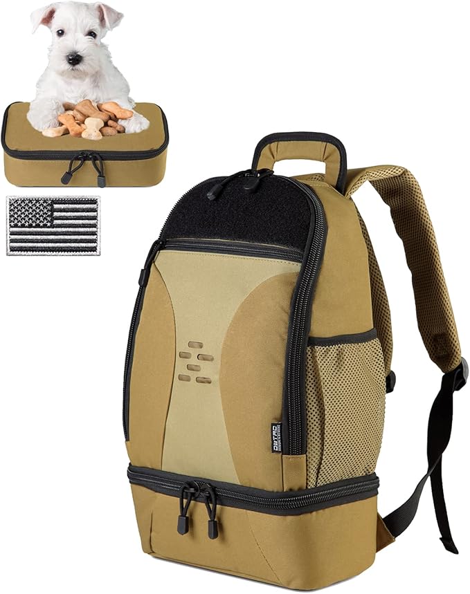 DBTAC Tactical Pet Backpack for Small Dogs & Cats - Compact Travel Bag with Insulated Pocket & 1x Detachable Food Container Included | Outdoor Hiking, Road Trip, Airplane Approved (Brown)
