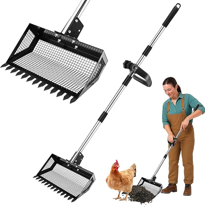 9.8×9.1in Chicken Poop Scooper, Chicken Coop Rake, Multifunctional 2 in 1 Sifting Shovel for Cow Shed Raking/Pet Waste/Yard Cleanup, Adjustable Length/Angle Coop Scoop with Ergonomic Handle (Black)