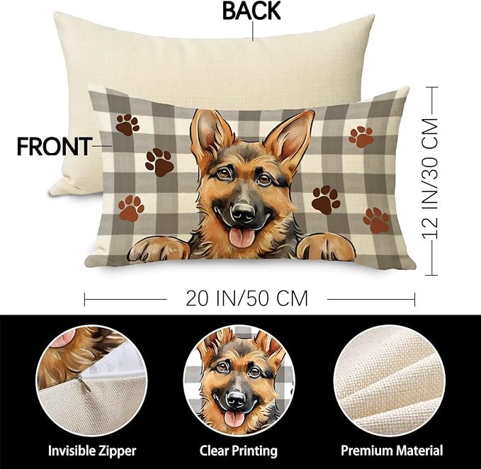 German Shepherd Dog Lumbar Decorative Throw Pillow Cover 12x20, Rectangular Paw Prints Outdoor Home Decor Pet Owner Lover Gift, Farmhouse Buffalo Plaid Sofa Couch Cushion Case Housewarming Gifts